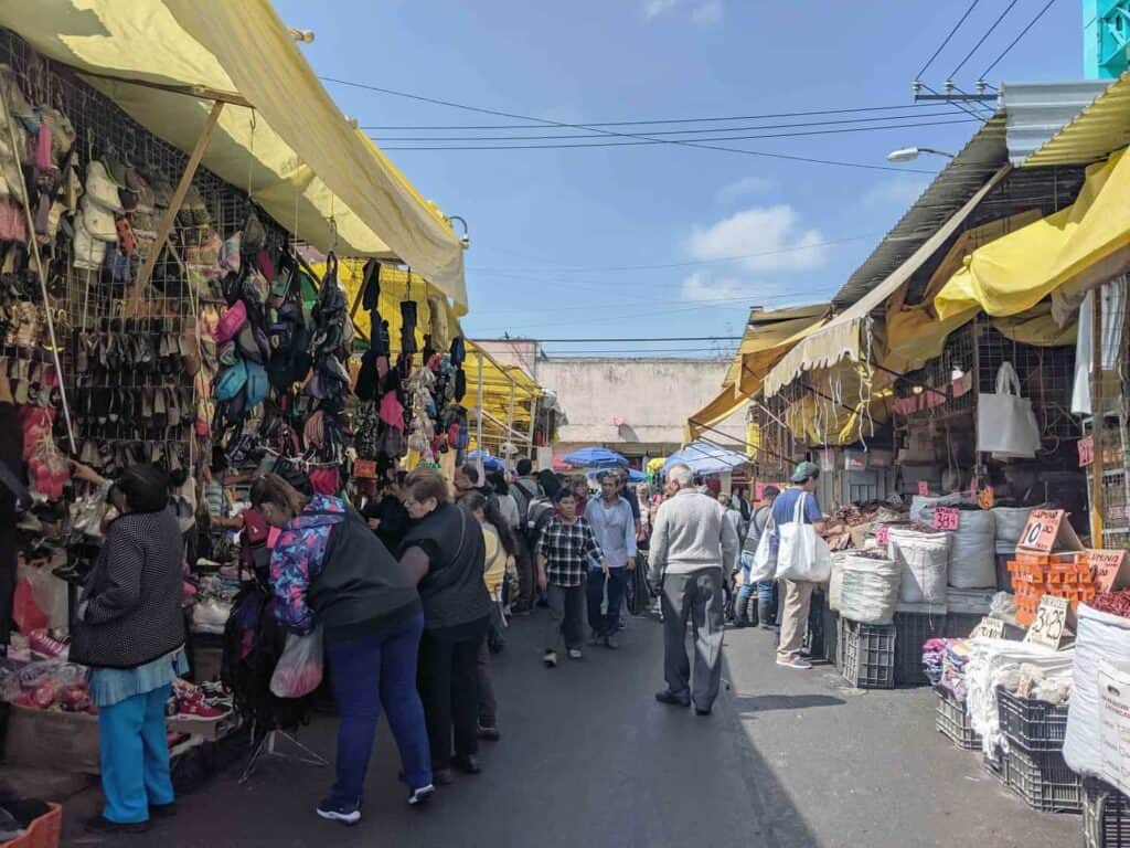 people browsing stands at La Merced Market in Mexico City