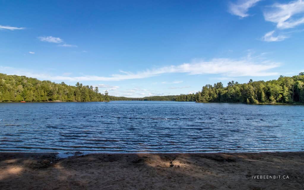 View across Silent Lake in Silent Lake Provincial Park on a clear summer day. Calm blue water stretches between forested shorelines, with sandy beach in the foreground and mixed evergreen and deciduous forest surrounding the lake beneath a bright blue sky.