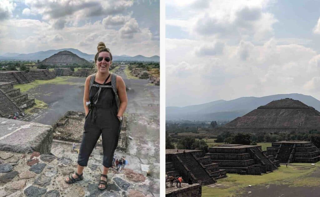 a smiling blonde woman wearing black posing on top of an ancient pyramid in Teotihuacan, Mexico