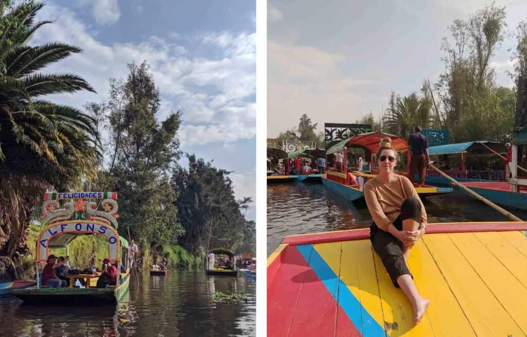 a traditional boat in Xochimilco, Mexico, and a woman sitting on one of these trajinera boats