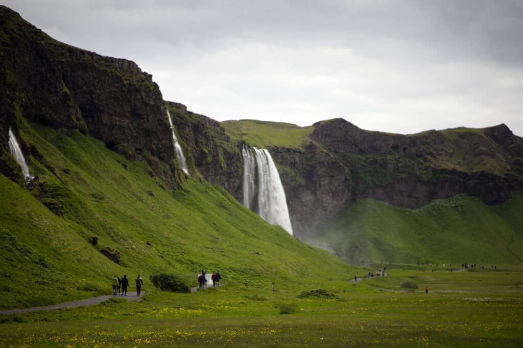 Visitors walking along a trail through a green valley toward Seljalandsfoss waterfall in southern Iceland. Several smaller waterfalls cascade down the moss-covered cliffs beneath an overcast sky.