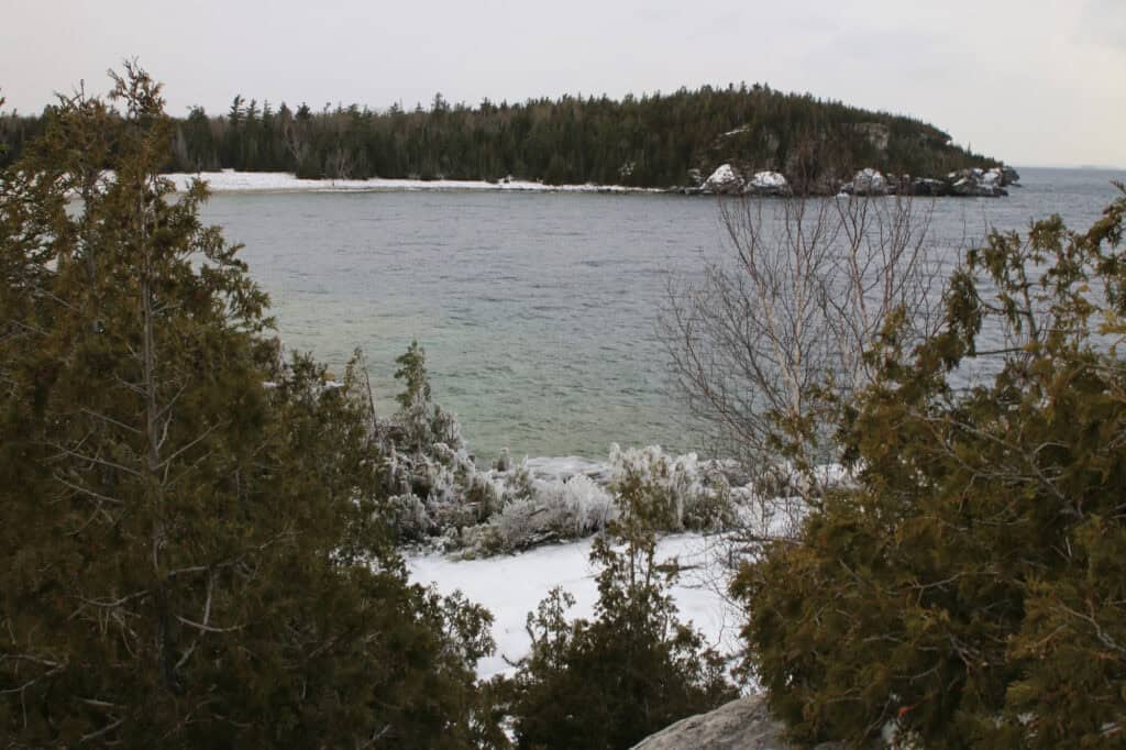 Snow-covered rocky shoreline overlooking the waters of Georgian Bay in Bruce Peninsula National Park, Ontario, with evergreen trees in the foreground and a forested peninsula across the bay.