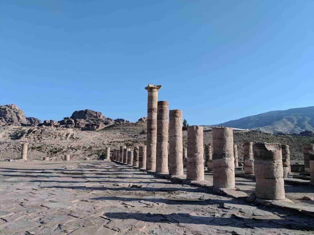 Shows the ancient columns of the Great Temple of Petra, Jordan