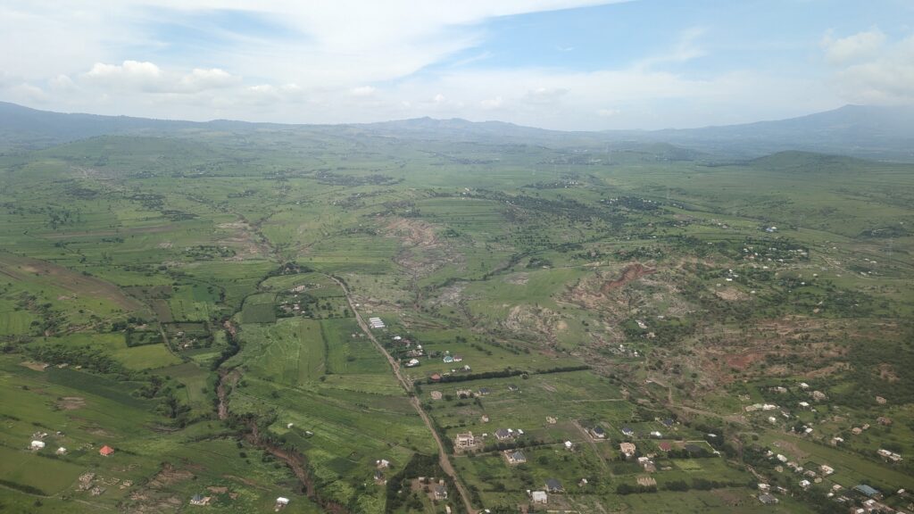 the views of the countryside around Arusha on a flight into Arusha airport in Tanzania