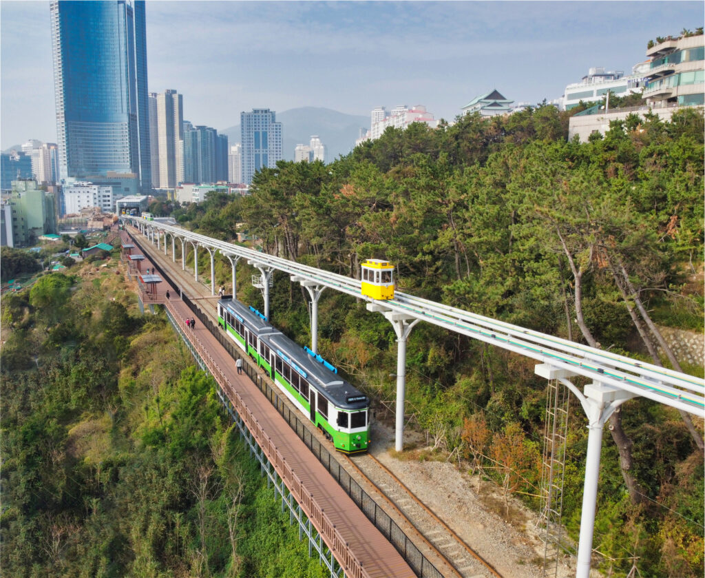 Aerial View of Haeundae Beach Train, Busan, South Korea Asia.