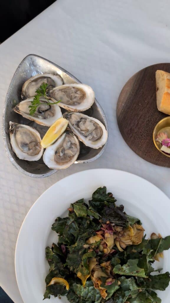 a plate of oysters, a cocktail, and a plate of salad a salmon on a white table cloth