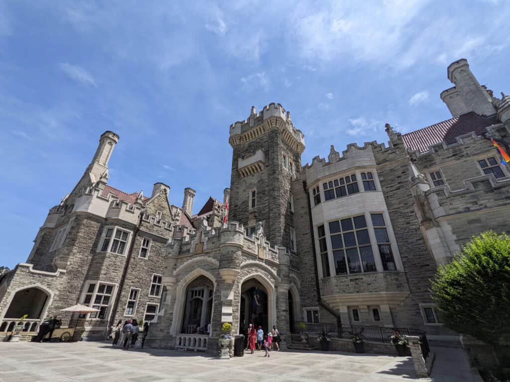 The entrance to Casa Loma, a historic building that looks like a castle, located in Toronto.