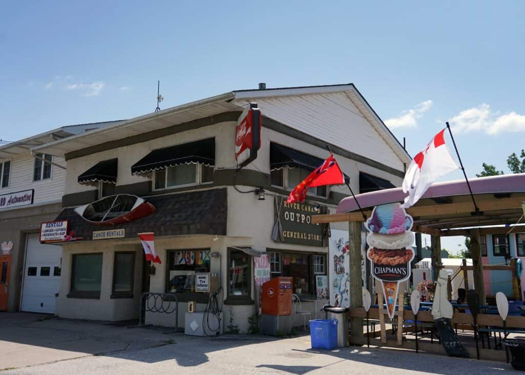 the outside of river canard canoe co, with a big sign for chapmans icecream