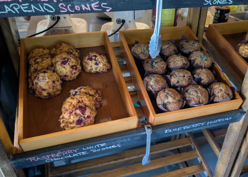 scones and blueberry muffins on display at Cheechako's Bakery in Dawson City