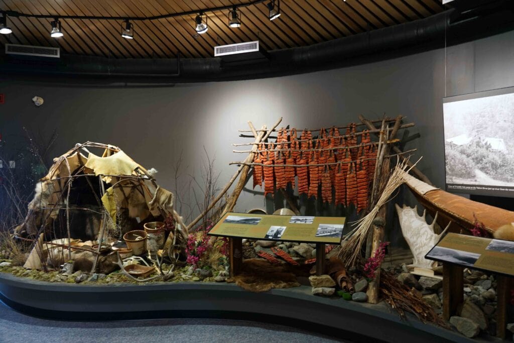 a historical display showing what Indigenous life was like in the dawson city region, at the Dänojà Zho Cultural Centre