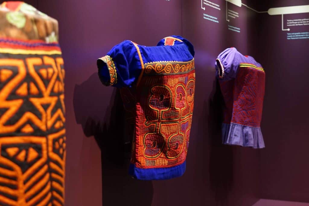 Intricate mola textiles on display in the Mola Museum in Casco Viejo, Panama