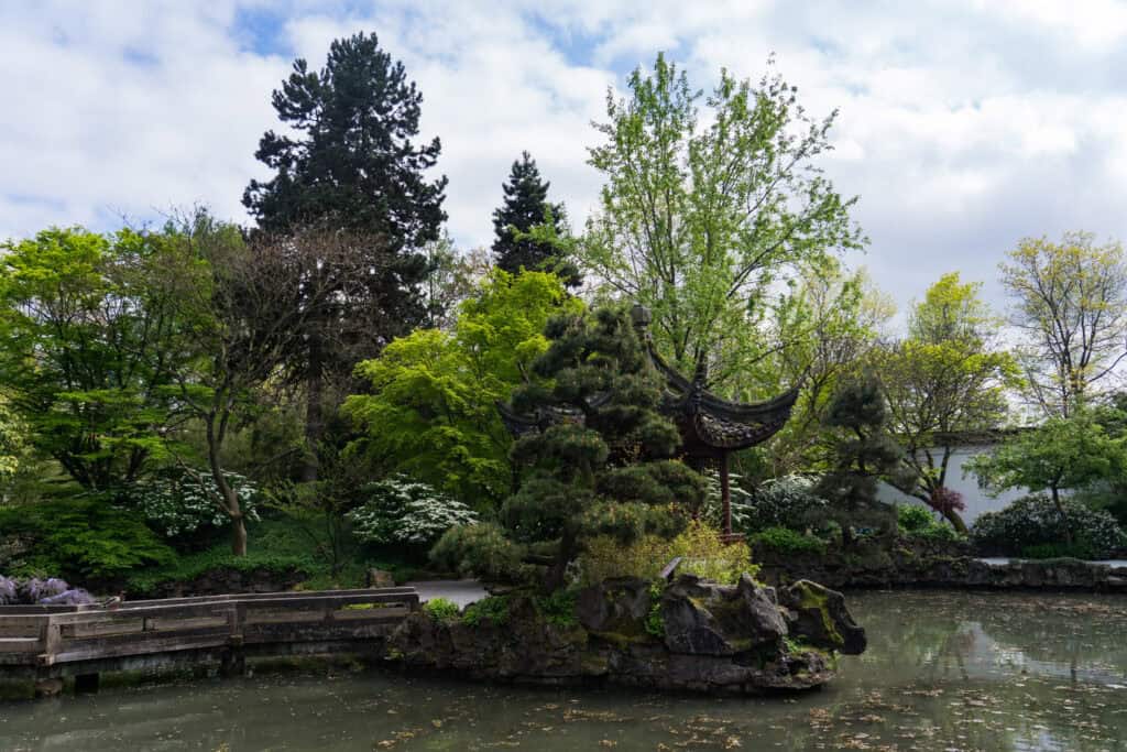 A traditional Chinese pavilion sits beside a pond surrounded by trees and landscaped gardens in Vancouver’s Dr. Sun Yat-Sen Classical Chinese Garden.