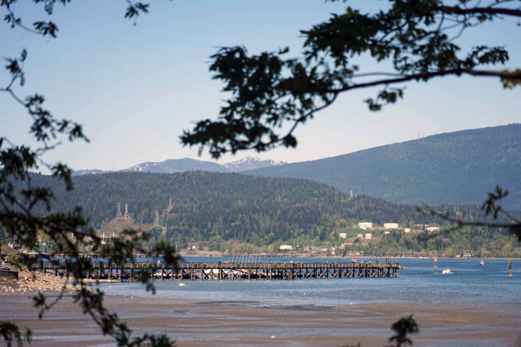 View of a long wooden pier extending into Burrard Inlet in Port Moody, with forested hills and distant mountains in the background, framed by tree branches in the foreground and exposed tidal flats at low tide.