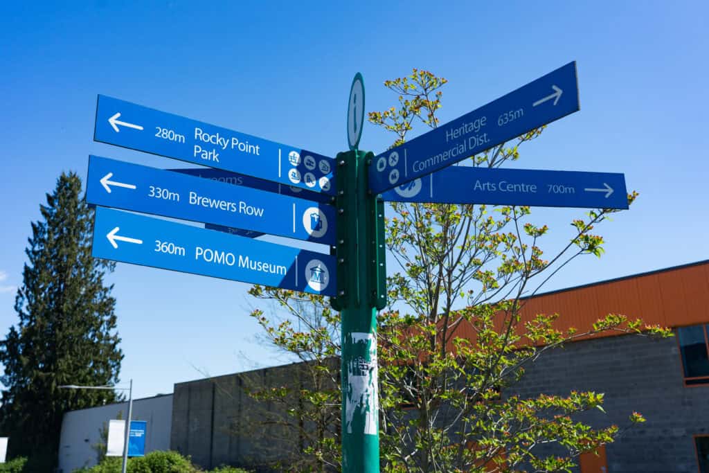Blue directional signpost in Port Moody pointing to local spots including Rocky Point Park, Brewer’s Row, the PoMo Museum, Heritage Commercial District, and the Arts Centre, with distances listed and trees and buildings in the background.