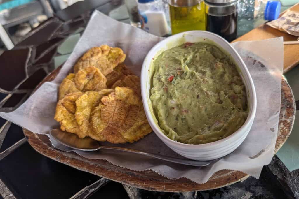 Plate of patacones served with guacamole at a restaurant in El Valle de Anton, Panama.
