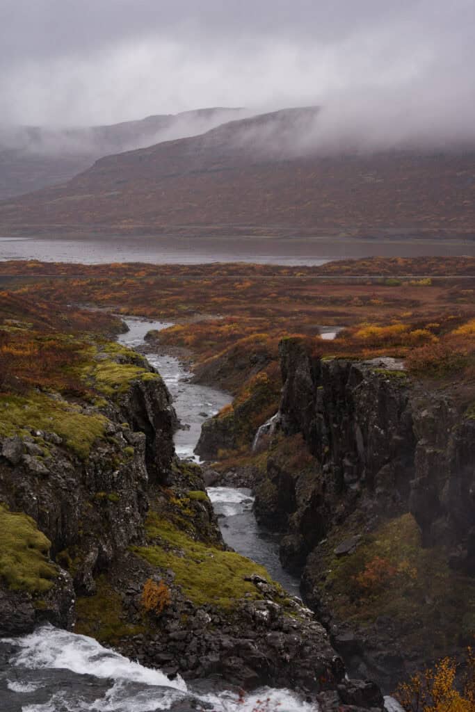 A river cuts through a rugged basalt canyon in the Westfjords of Iceland, surrounded by autumn tundra and low clouds drifting across distant mountains.
