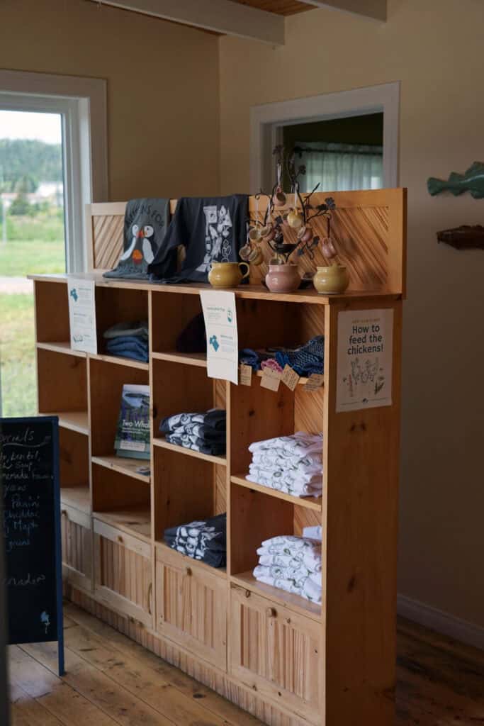 Freshly baked scones, squares, and other homemade treats on display at Two Whales Coffee Shop in Port Rexton, alongside locally made gifts and merchandise.