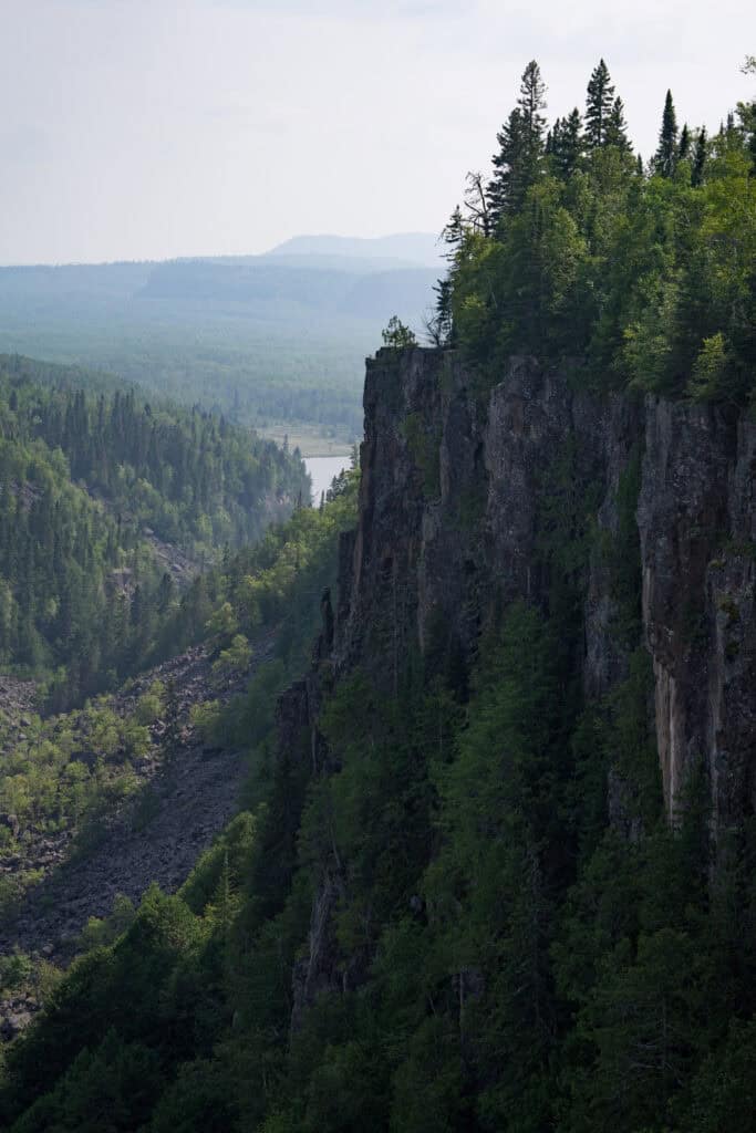 Steep forested cliffs and canyon floor at Ouimet Canyon Provincial Park near Thunder Bay.