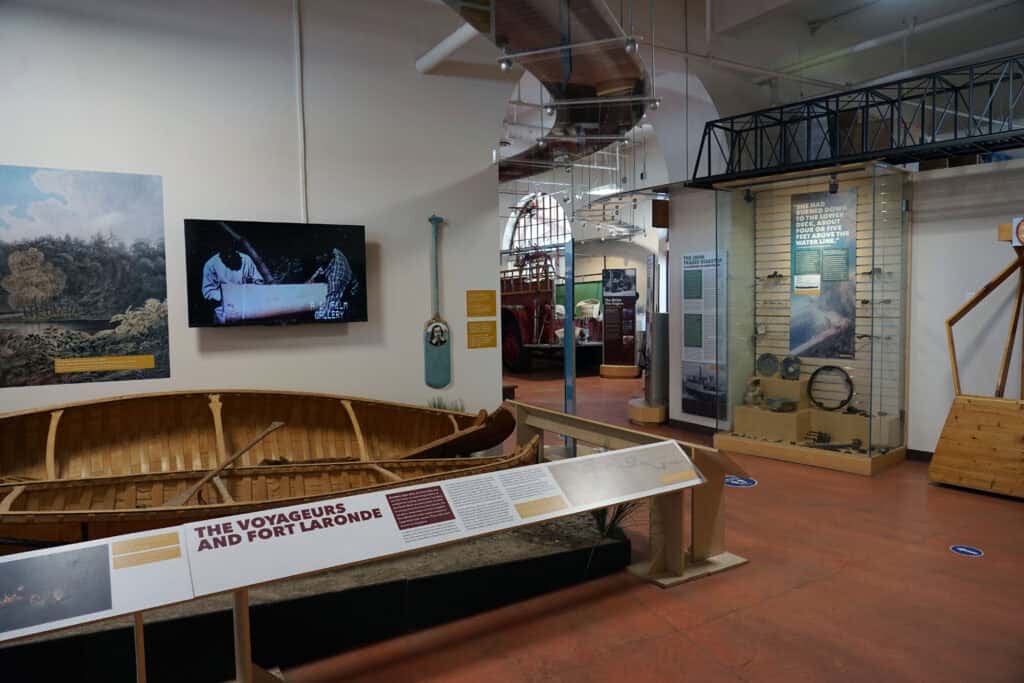 Exhibits about voyageurs, Fort Laronde and the fur trade inside the North Bay Museum in Ontario.